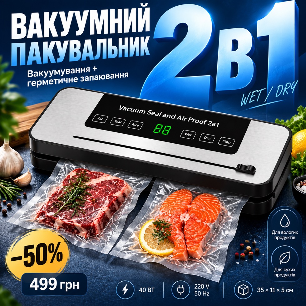Вакуумний пакувальник 2в1 Wet/Dry, сріблясто-чорний, з запакованими м'ясом і рибою у вакуумних пакетах