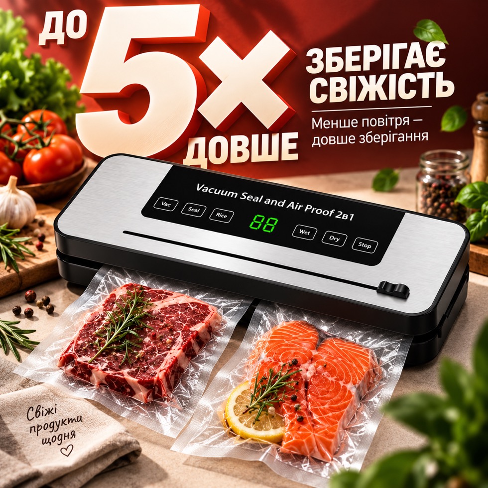 До 5х довше зберігає свіжість — менше повітря в вакуумному пакеті, довше зберігання продуктів