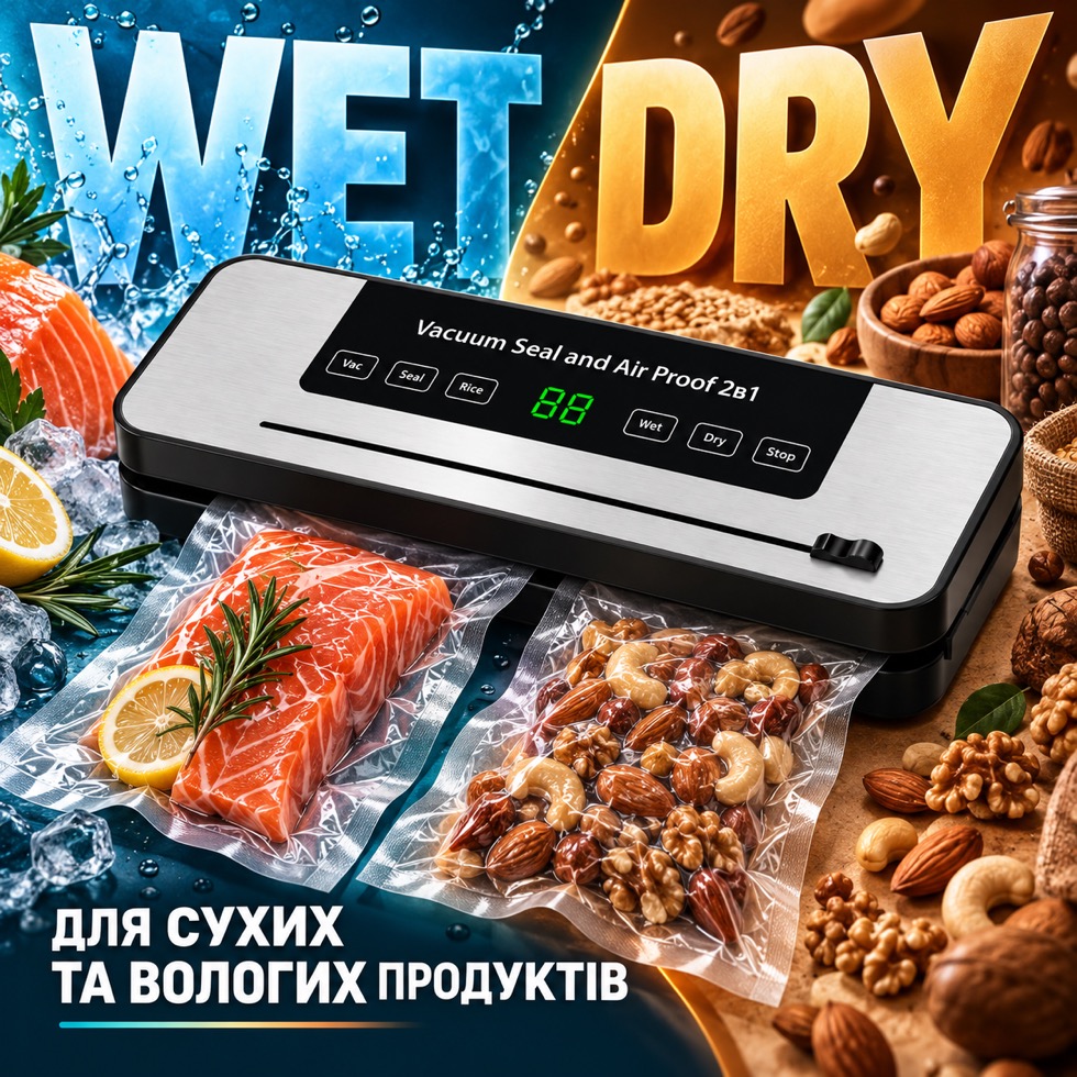 Режими Wet і Dry вакуумного пакувальника — для вологих продуктів (риба з льодом) і сухих (горіхи)