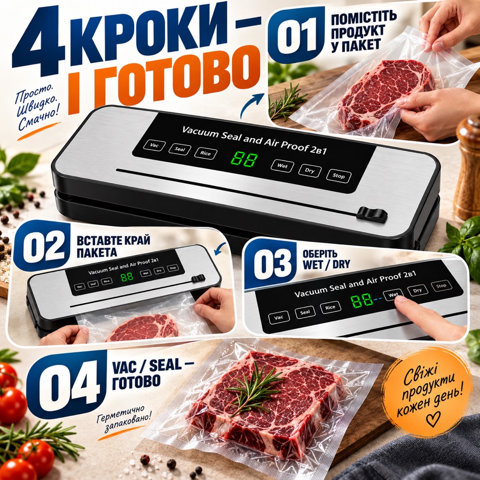 4 кроки використання: покласти продукт у пакет, вставити край, обрати Wet/Dry, натиснути Vac/Seal